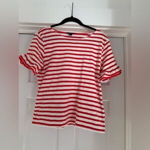 J. Crew Red and White Striped Short Sleeve Ruffle Tee